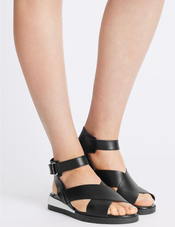 Marks & Spencer Leather Flatform Riptape Sporty Sandals Black
