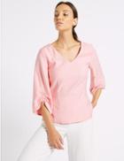 Marks & Spencer Ruched Sleeve V-neck Blouse Rose Pink