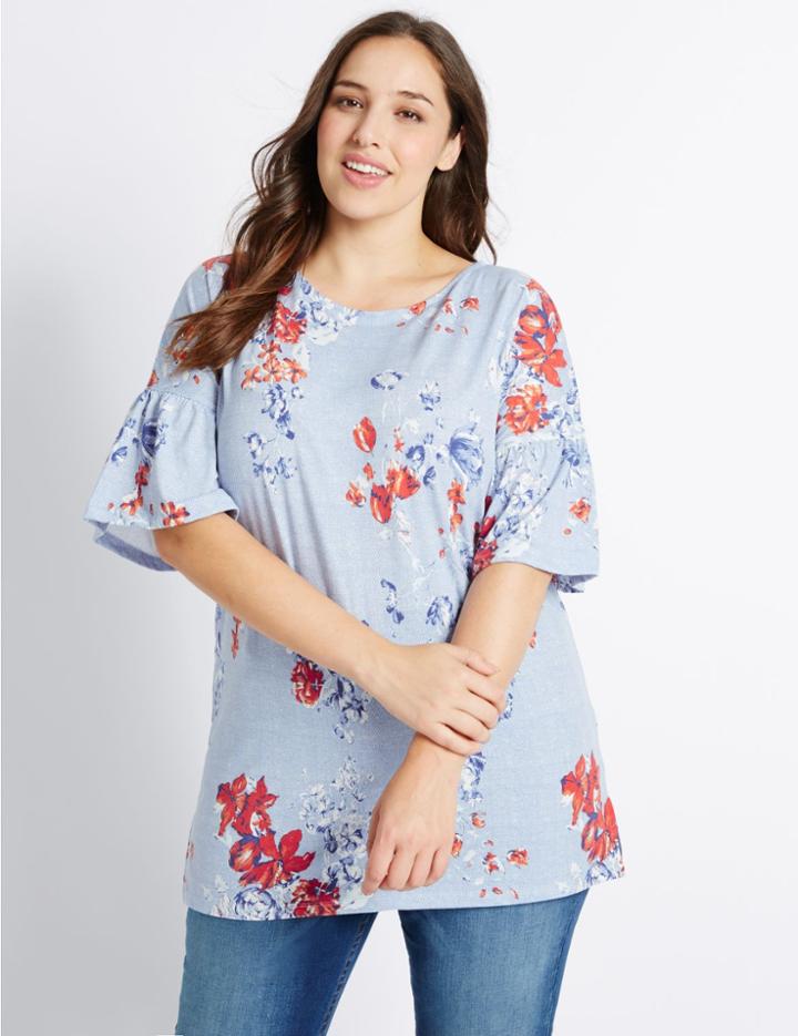 Marks & Spencer Plus Floral Print Frill Sleeve T-shirt Blue Mix