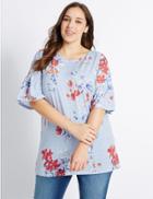Marks & Spencer Plus Floral Print Frill Sleeve T-shirt Blue Mix