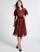 Marks & Spencer Floral Lace Short Sleeve Skater Midi Dress Burgundy