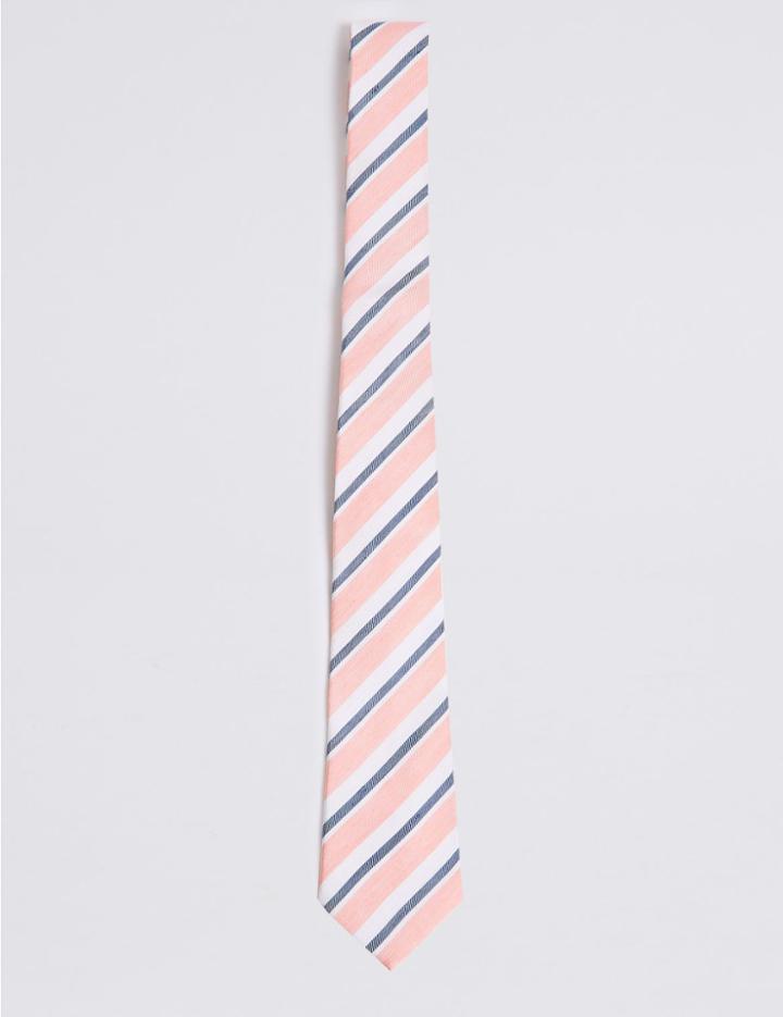 Marks & Spencer Linen Blend Striped Tie Coral Mix