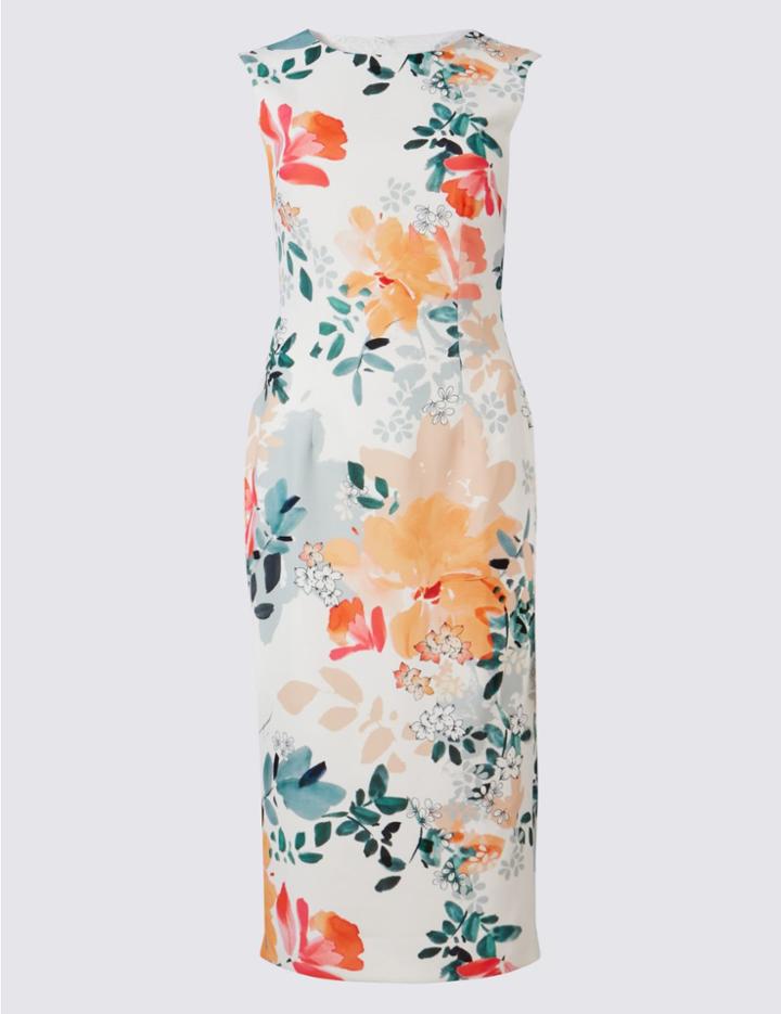Marks & Spencer Floral Print Bodycon Midi Dress Cream Mix