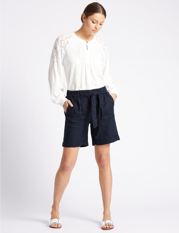 Marks & Spencer Pure Linen Tie Waist Shorts Navy