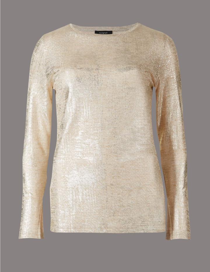 Marks & Spencer Metallic Round Neck Long Sleeve T-shirt Gold