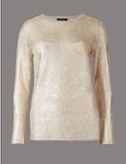Marks & Spencer Metallic Round Neck Long Sleeve T-shirt Gold
