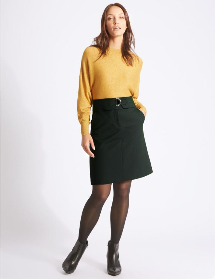 Marks & Spencer Cotton Blend Buckle Detail A-line Mini Skirt Forest Green