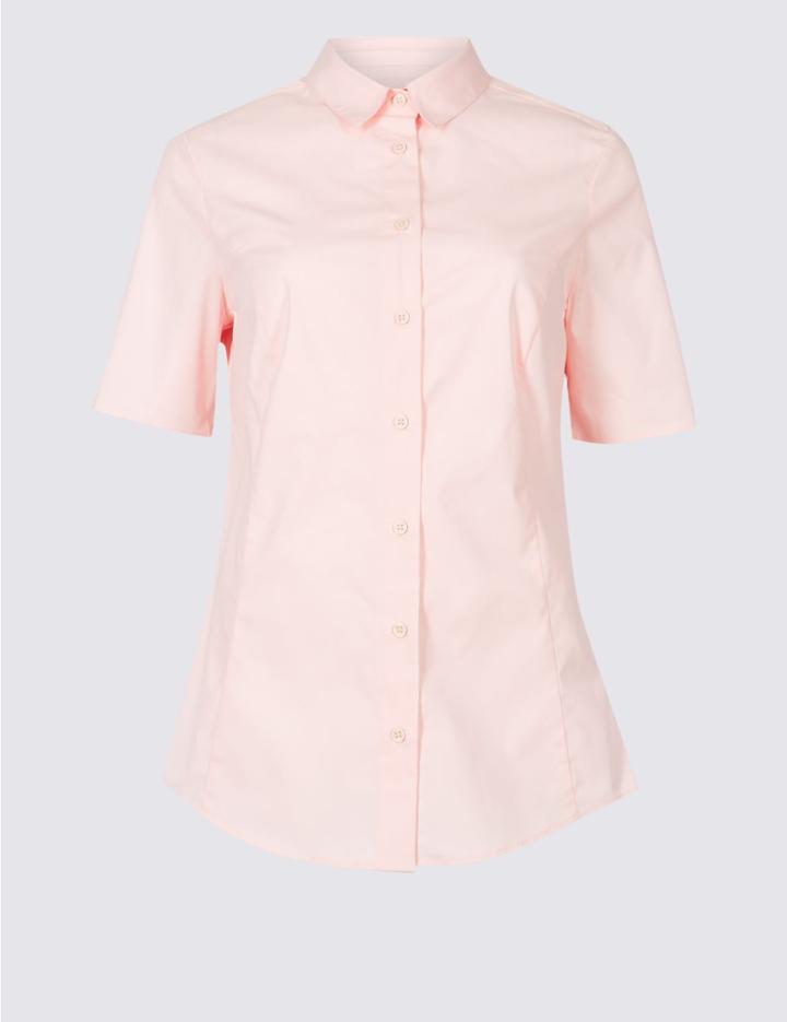 Marks & Spencer Cotton Rich Short Sleeve Shirt Pink