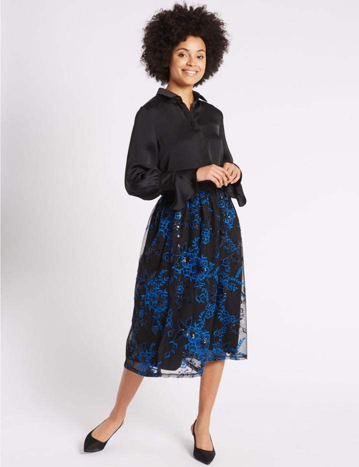 Marks & Spencer Embroidered Mesh A-line Midi Skirt Bright Blue Mix