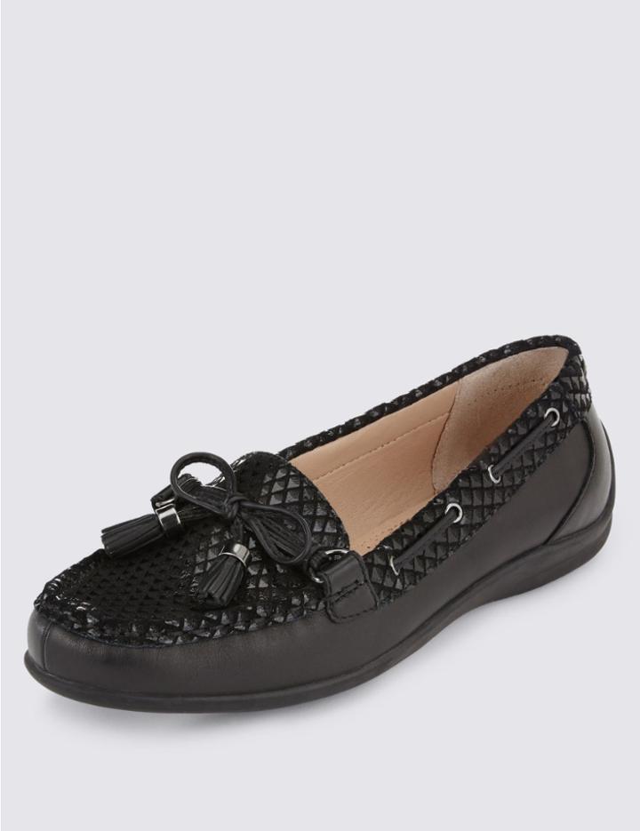 Marks & Spencer Leather Tassel Boat Shoes Black Mix