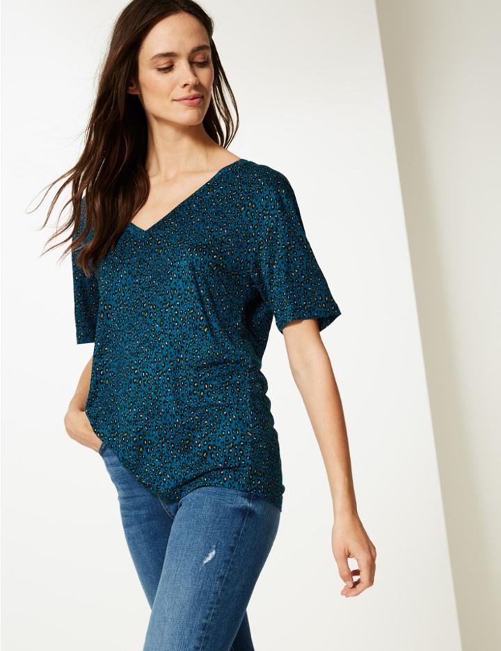 Marks & Spencer Printed V-neck Short Sleeve T-shirt Teal Mix