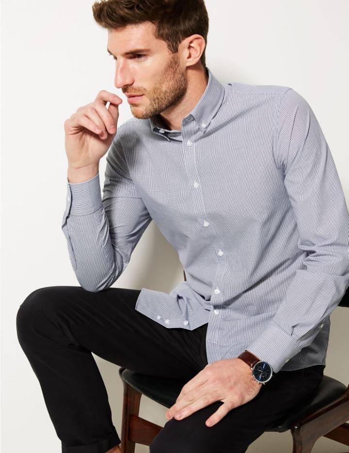 Marks & Spencer Cotton Blend Slim Fit Shirt White Mix