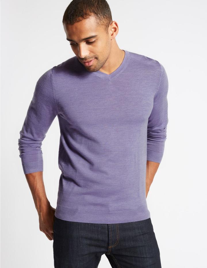 Marks & Spencer Pure Extra Fine Merino V-neck Jumper Light Lilac