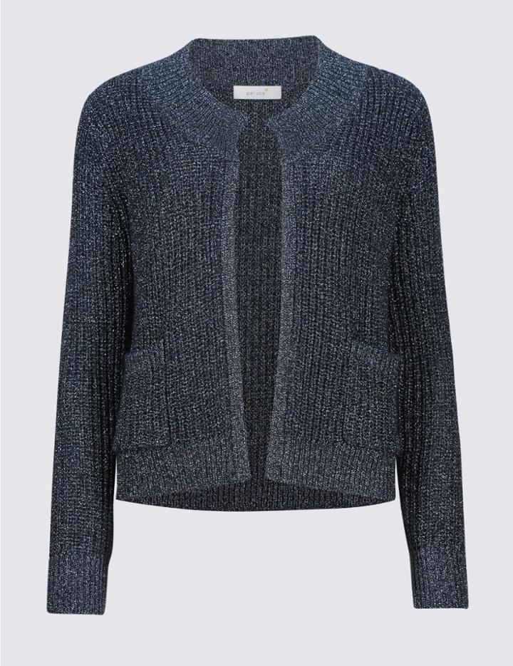Marks & Spencer Textured Round Neck Long Sleeve Cardigan Navy