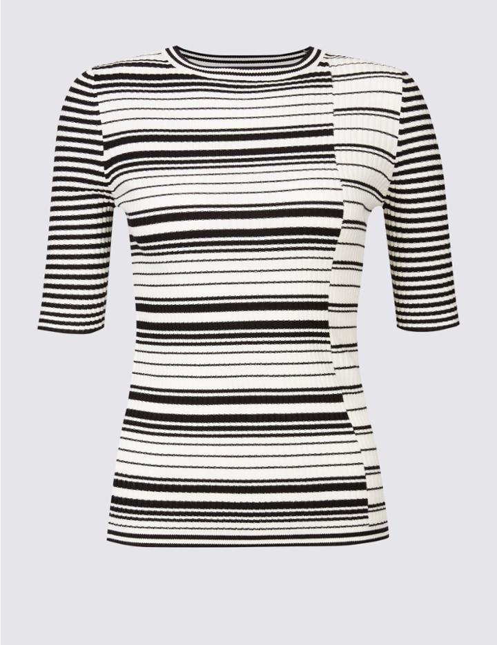 Marks & Spencer Striped Round Neck Half Sleeve Jumper Black Mix