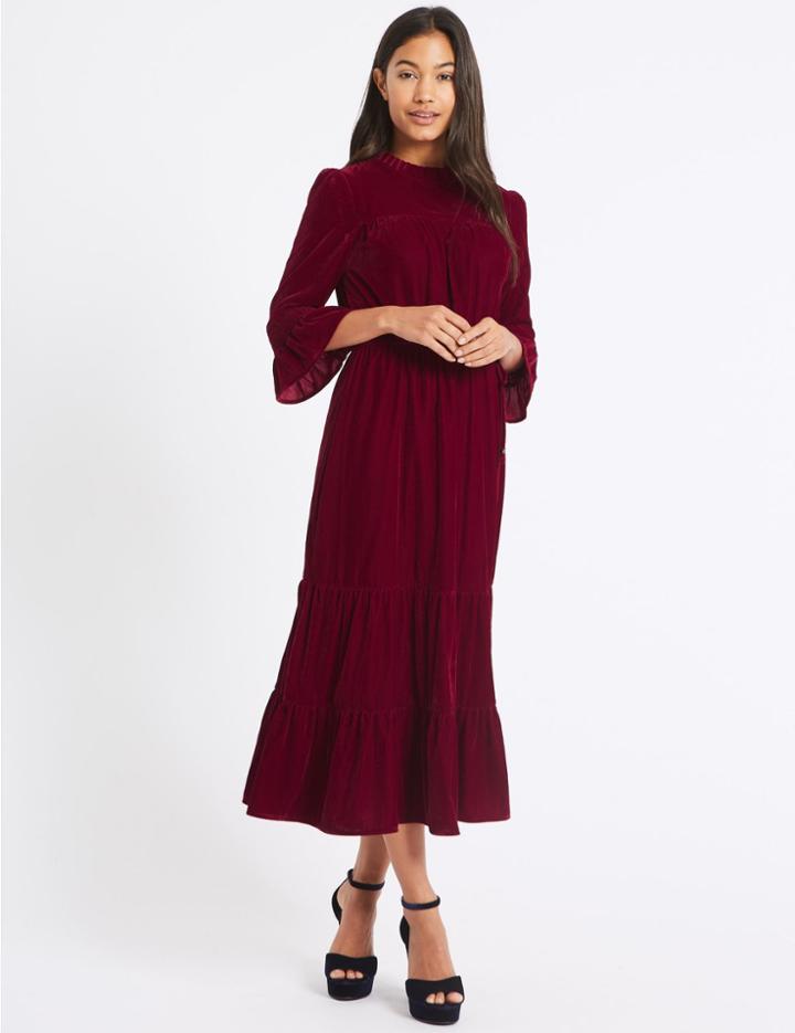 Marks & Spencer Velvet &frac34; Sleeve A-line Maxi Dress Dark Burgundy