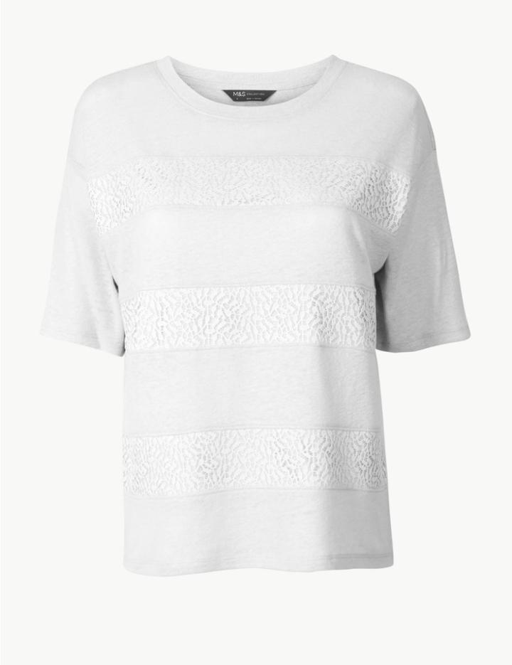 Marks & Spencer Petite Lace Round Neck Short Sleeve T-shirt Soft White