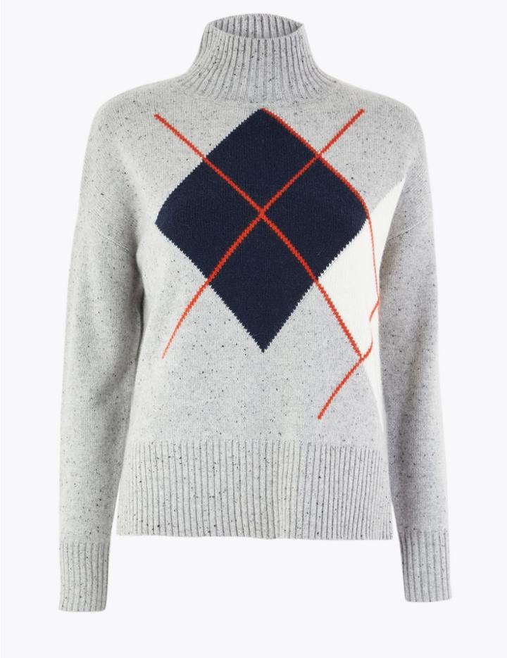 Marks & Spencer Cashmere Argyle Turte Neck Jumper Grey Mix