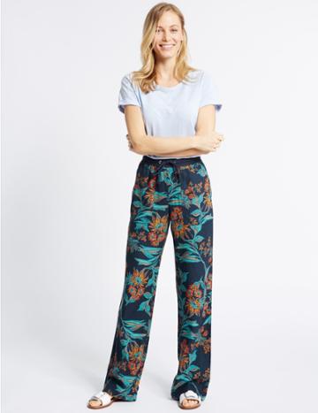 Marks & Spencer Linen Rich Printed Wide Leg Trousers Navy Mix