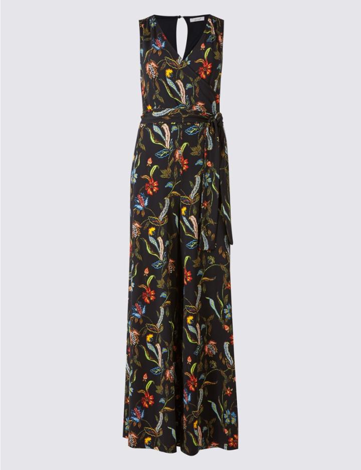 Marks & Spencer Floral Print Flared Jumpsuit With Belt Navy Mix