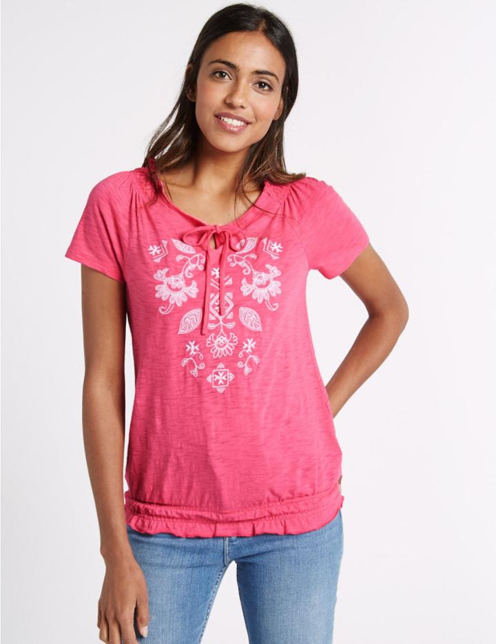 Marks & Spencer Printed Notch Neck Short Sleeve Jersey Top Pink Mix