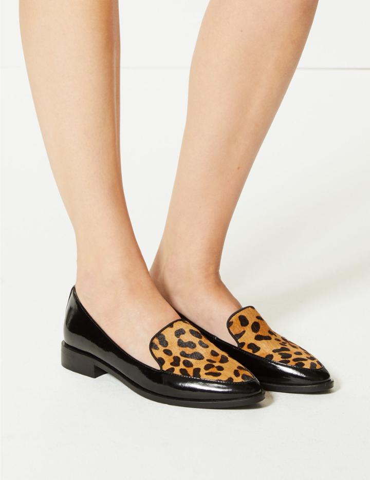 Marks & Spencer Leather Block Heel Loafers Black Mix