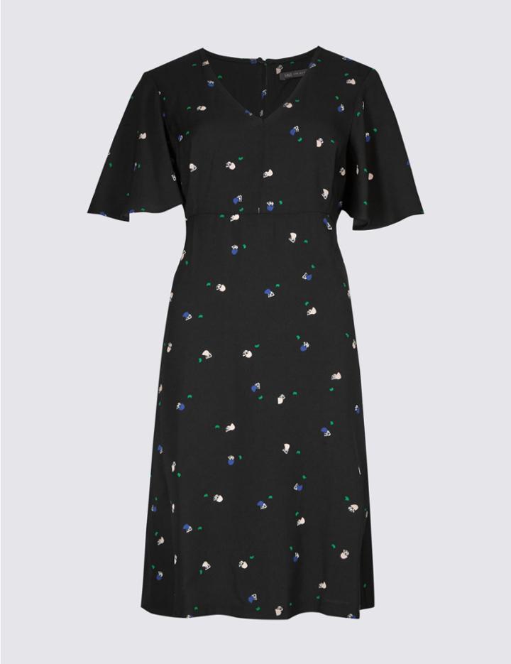 Marks & Spencer Printed Flutter Sleeve Swing Dress Black Mix