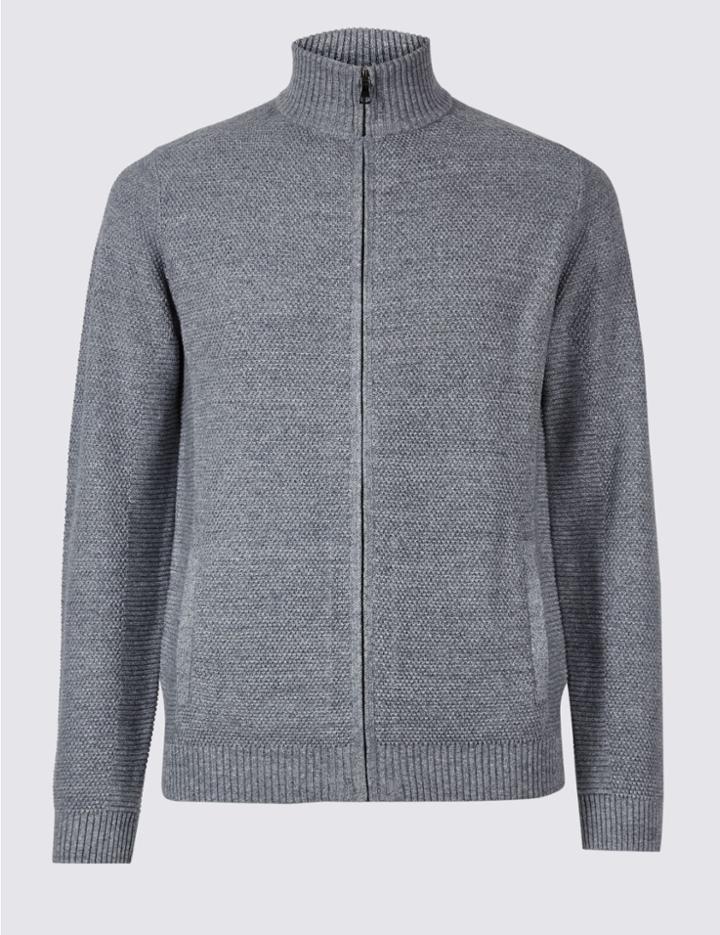 Marks & Spencer Cotton Rich Textured Zip Through Cardigan Light Denim