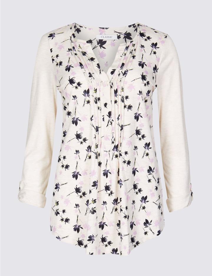 Marks & Spencer Cotton Rich Floral Print Long Sleeve Top Oatmeal Mix