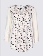 Marks & Spencer Cotton Rich Floral Print Long Sleeve Top Oatmeal Mix