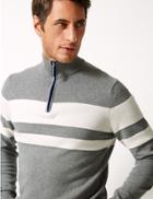 Marks & Spencer Cotton Rich Striped Half Zipped Jumper Grey/white