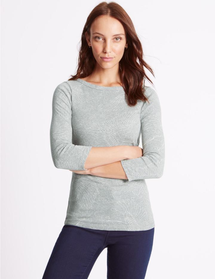 Marks & Spencer Pure Cotton Printed 3/4 Sleeve T-shirt Grey Marl