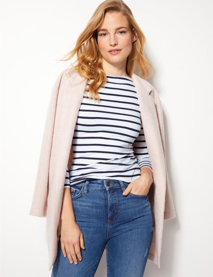 Marks & Spencer Cotton Rich Striped 3/4 Sleeve Fitted T-shirt Navy Mix