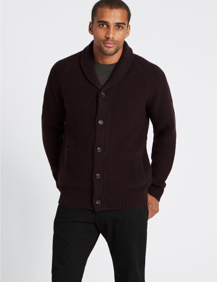 Marks & Spencer Shawl Neck Textured Cardigan Dark Aubergine