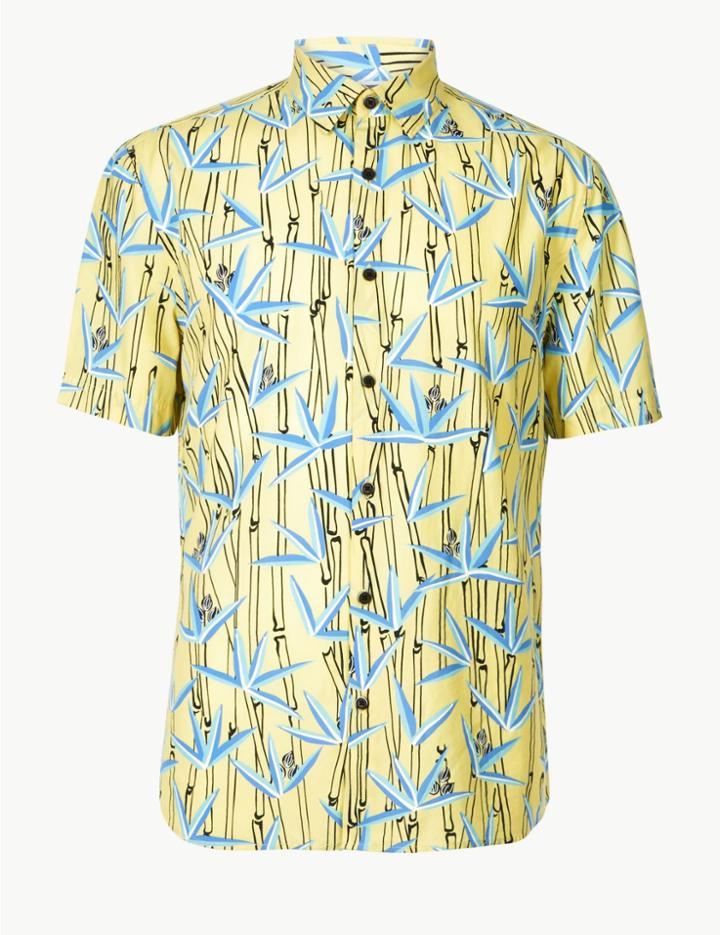 Marks & Spencer Cotton Rich Bamboo Print Shirt Yellow Mix