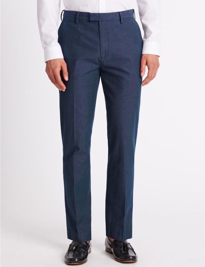 Marks & Spencer Slim Fit Pure Cotton Textured Trousers Navy