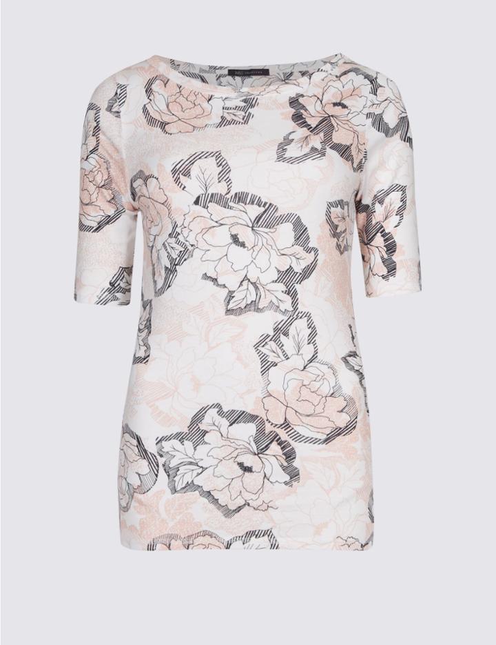 Marks & Spencer Pure Cotton Floral Print Round Neck T-shirt White Mix