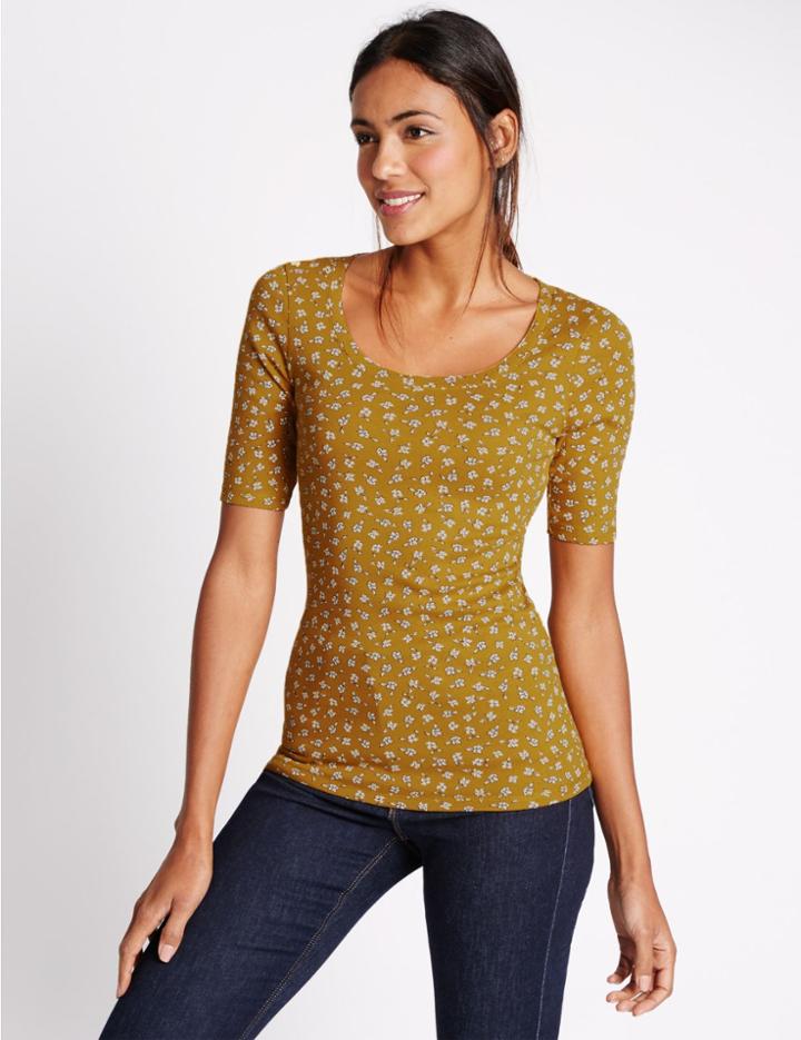 Marks & Spencer Pure Cotton Floral Print Scoop Neck T-shirt Gold Mix