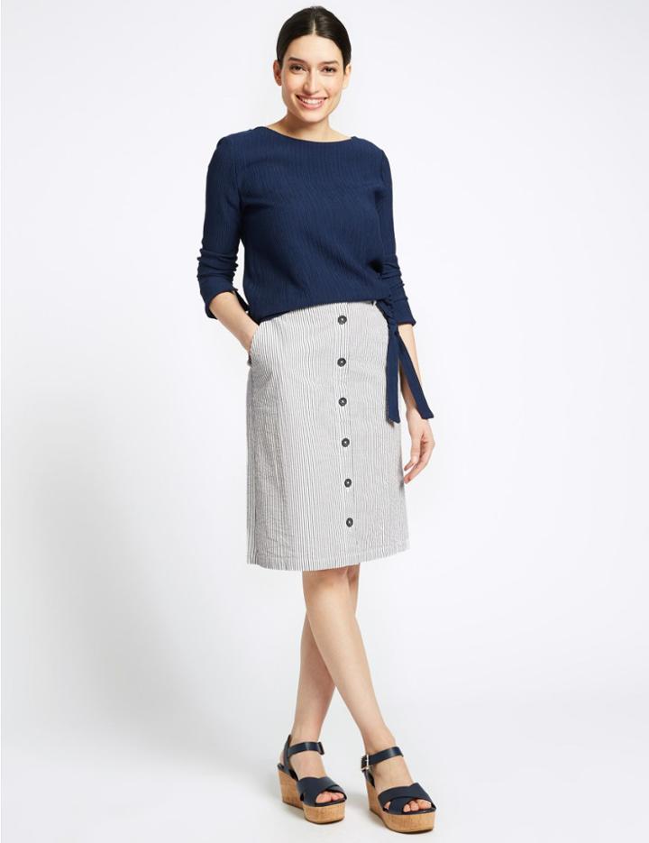 Marks & Spencer Pure Cotton A-line Midi Skirt Navy Mix