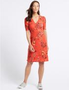 Marks & Spencer Jersey Floral Print Half Sleeve Tea Dress Coral Mix