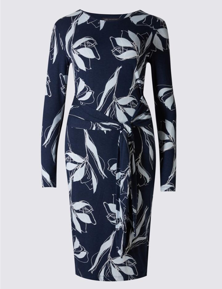 Marks & Spencer Tie Front Long Sleeve Bodycon Dress Blue Mix