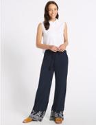 Marks & Spencer Embroidered Hem Wide Leg Flared Trousers Navy Mix