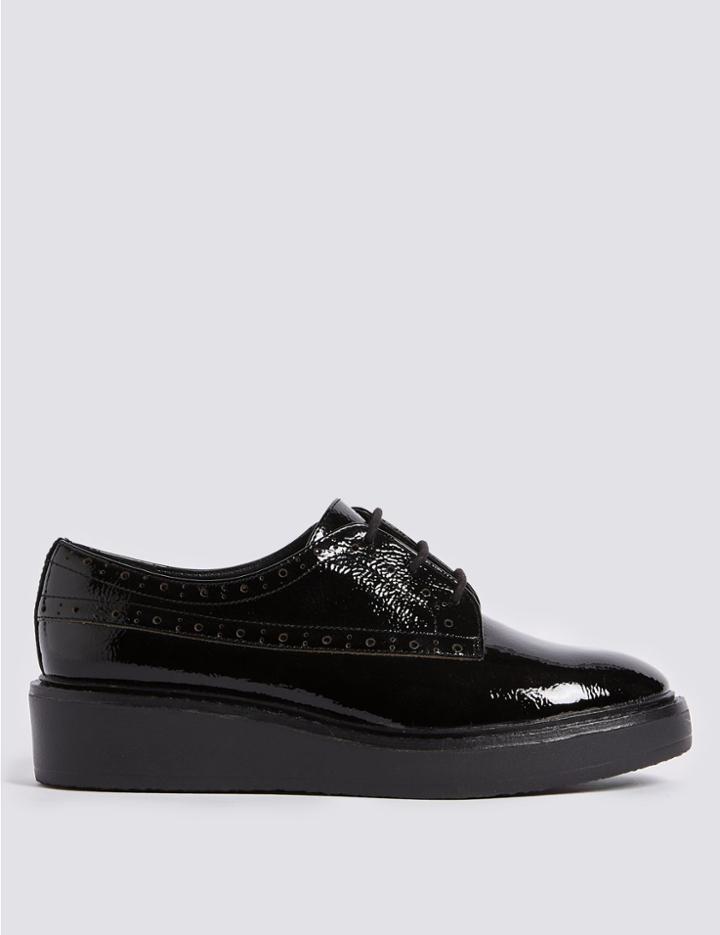 Marks & Spencer Leather Block Heel Flatform Brogue Shoe Black
