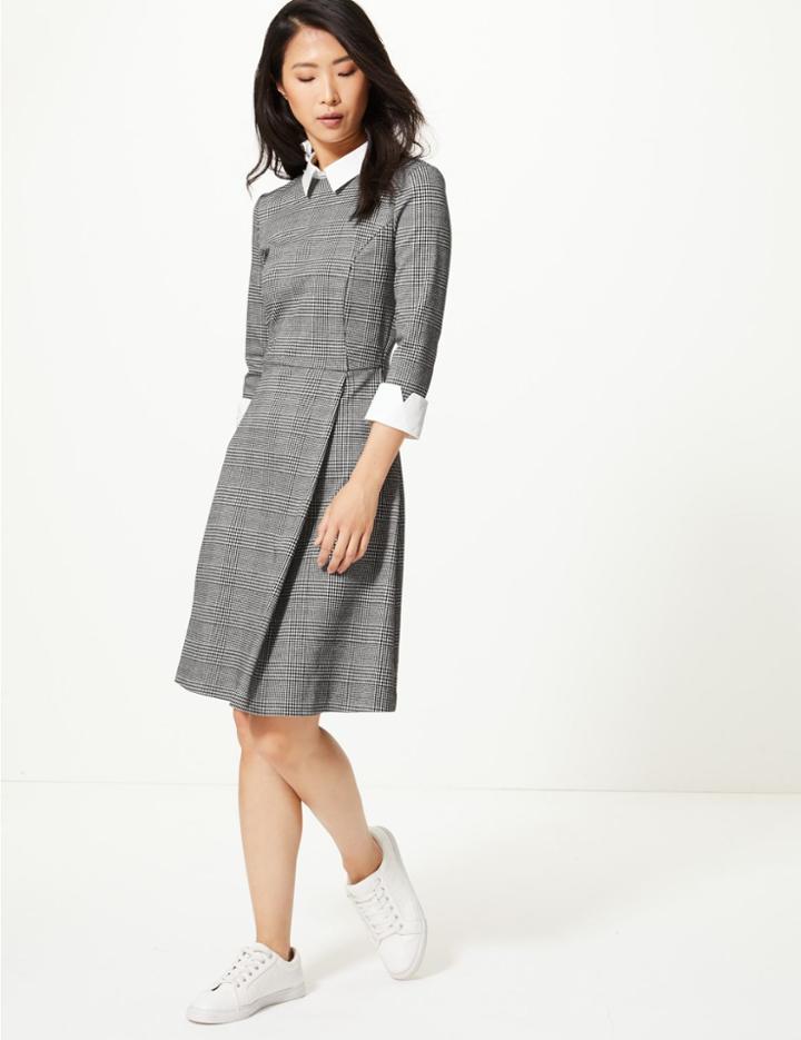Marks & Spencer Checked Fit & Flare Midi Dress Black Mix