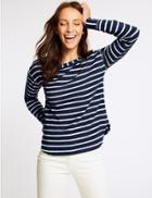 Marks & Spencer Cotton Rich Striped Long Sleeve Top Navy Mix