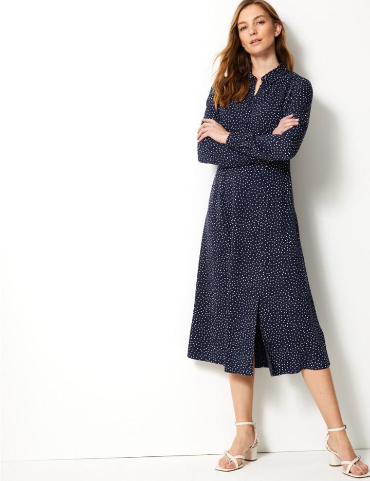 Marks & Spencer Polka Dot Long Sleeve Shirt Midi Dress Navy Mix
