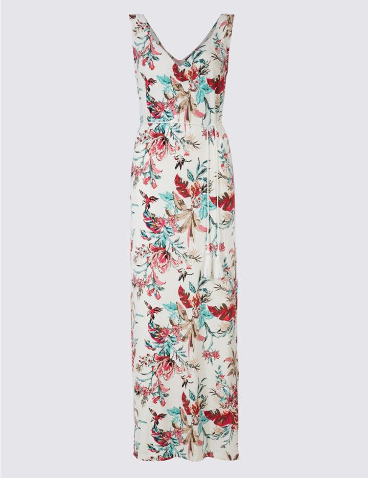 Marks & Spencer Floral Print Ruch Front Slip Maxi Dress Ivory Mix