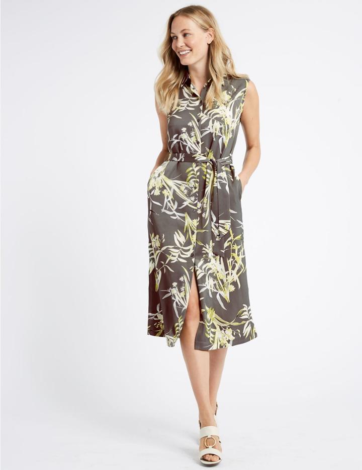 Marks & Spencer Floral Print Shirt Midi Dress Grey Mix