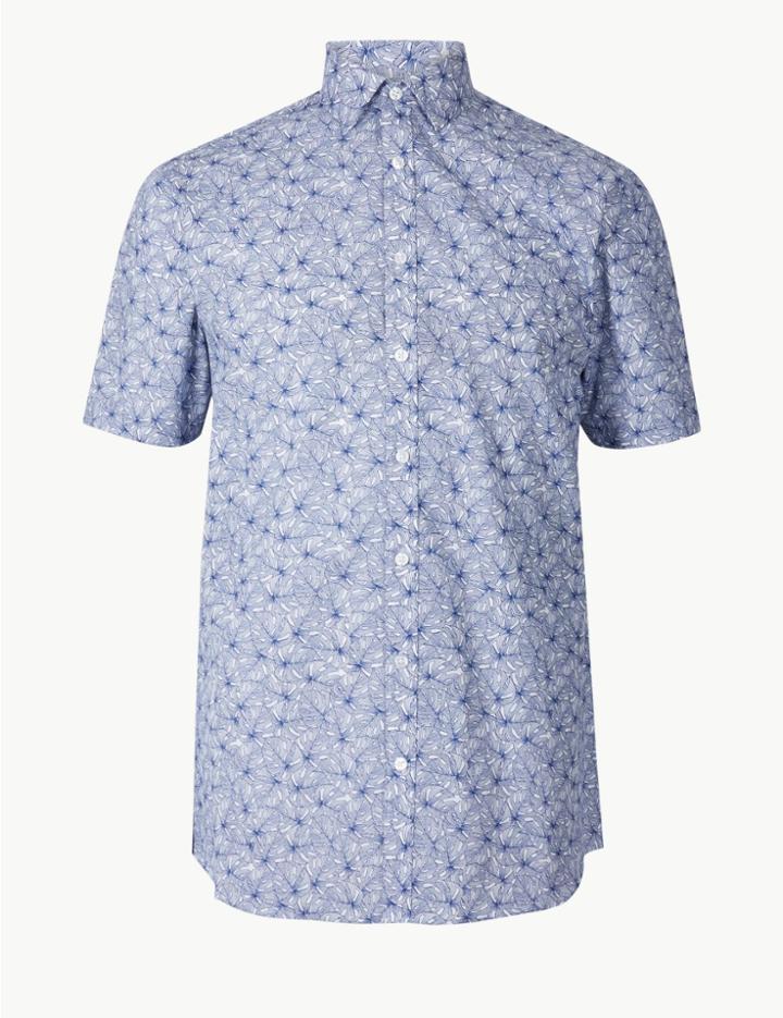 Marks & Spencer Cotton Blend Slim Fit Printed Shirt Blue Mix