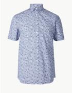 Marks & Spencer Cotton Blend Slim Fit Printed Shirt Blue Mix